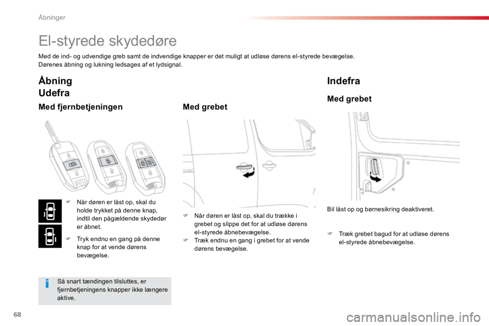 TOYOTA PROACE VERSO 2016 Brugsanvisning (in Danish) 68
ProaceVerso_da_Chap02_ouvertures_ed01-2016
El-styrede skydedøre
Med de ind- og udvendige greb samt de indvendige knapper er det muligt at udløse dørens el-styrede bevægelse.
Dørenes åbning og TOYOTA PROACE VERSO 2016 Brugsanvisning (in Danish) 68
ProaceVerso_da_Chap02_ouvertures_ed01-2016
El-styrede skydedøre
Med de ind- og udvendige greb samt de indvendige knapper er det muligt at udløse dørens el-styrede bevægelse.
Dørenes åbning og
