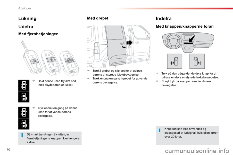 TOYOTA PROACE VERSO 2016 Brugsanvisning (in Danish) 70
ProaceVerso_da_Chap02_ouvertures_ed01-2016
Så snart tændingen tilsluttes, er
fjernbetjeningens knapper ikke længere
aktive.
Lukning
Udefra
F Tryk på den pågældende dørs knap for at
udløs TOYOTA PROACE VERSO 2016 Brugsanvisning (in Danish) 70
ProaceVerso_da_Chap02_ouvertures_ed01-2016
Så snart tændingen tilsluttes, er
fjernbetjeningens knapper ikke længere
aktive.
Lukning
Udefra
F Tryk på den pågældende dørs knap for at
udløs