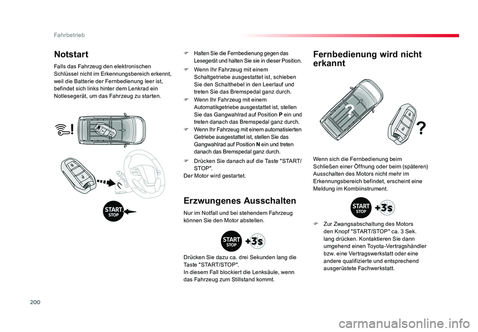 TOYOTA PROACE VERSO 2017  Betriebsanleitungen (in German) 200
Fahrbetrieb
Proace_Verso_de_Chap06_conduite_ed01-2016
Notstart
Falls das Fahrzeug den elektronischen 
Schlüssel nicht im Erkennungsbereich erkennt, 
weil die Batterie der Fernbedienung leer ist, 