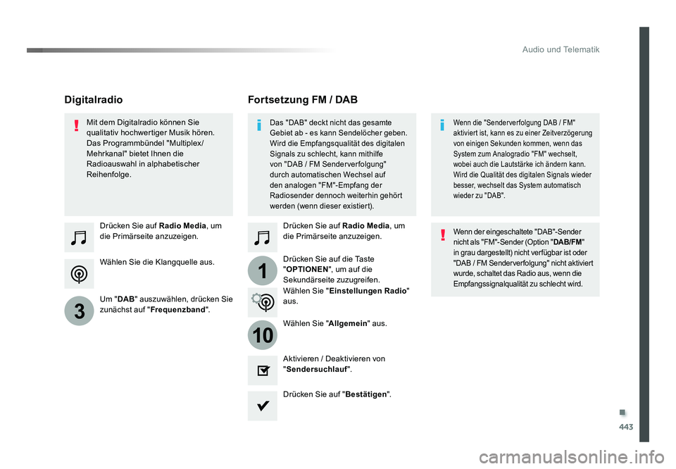 TOYOTA PROACE VERSO 2017  Betriebsanleitungen (in German) .
443
1
10
3
Audio und Telematik
Proace_Verso_de_Chap10c_RCC-1_ed01-2016
Wählen Sie die Klangquelle aus. Drücken Sie auf Radio Media, um 
die Primärseite anzuzeigen.
Um " DAB" auszuwählen,