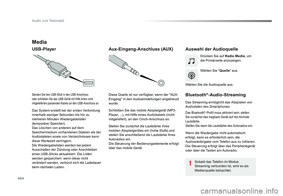 TOYOTA PROACE VERSO 2017  Betriebsanleitungen (in German) 444
Audio und Telematik
Proace_Verso_de_Chap10c_RCC-1_ed01-2016
Media
USB-PlayerAuswahl der Audioquelle
Wählen Sie "Quelle" aus.
Drücken Sie auf 
Radio Media, um 
die Primärseite anzuzeigen