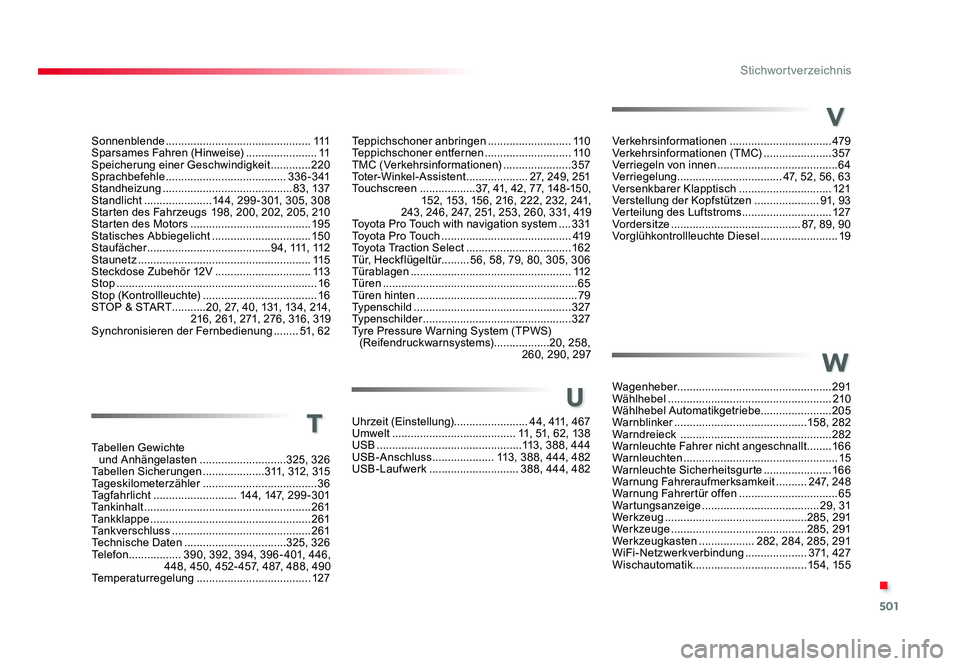 TOYOTA PROACE VERSO 2017 Betriebsanleitungen (in German) 501
.
Stichwortverzeichnis
Proace_Verso_de_Chap11_index-alpha_ed01-2016
Teppichschoner anbringen ...........................11 0
Teppichschoner entfernen ............................11 0
TMC (Verkehr TOYOTA PROACE VERSO 2017 Betriebsanleitungen (in German) 501
.
Stichwortverzeichnis
Proace_Verso_de_Chap11_index-alpha_ed01-2016
Teppichschoner anbringen ...........................11 0
Teppichschoner entfernen ............................11 0
TMC (Verkehr