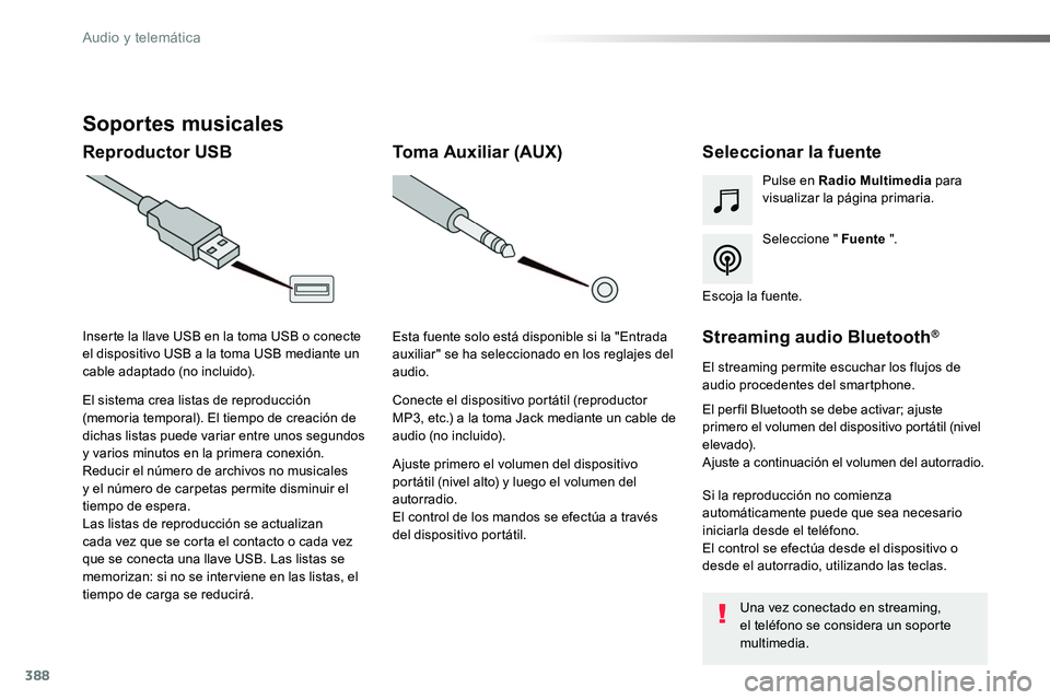 TOYOTA PROACE VERSO 2017  Manual del propietario (in Spanish) 388
ProaceVerso_es_Chap10b_NAC-1_ed01-2016
Soportes musicales
Reproductor USBSeleccionar la fuente
Seleccione " Fuente ".
Pulse en Radio Multimedia para visualizar la página primaria.
El sist