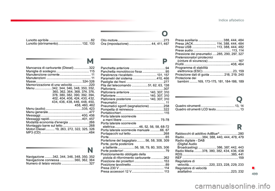 TOYOTA PROACE VERSO 2017 Manuale duso (in Italian) 499
.
Indice alfabetico
Spacetourer-VP_it_Chap11_index-alpha_ed01-2016
Lunotto apribile ............................................... 82
Lunotto (sbrinamento) ...........................132, 13 3
M TOYOTA PROACE VERSO 2017 Manuale duso (in Italian) 499
.
Indice alfabetico
Spacetourer-VP_it_Chap11_index-alpha_ed01-2016
Lunotto apribile ............................................... 82
Lunotto (sbrinamento) ...........................132, 13 3
M