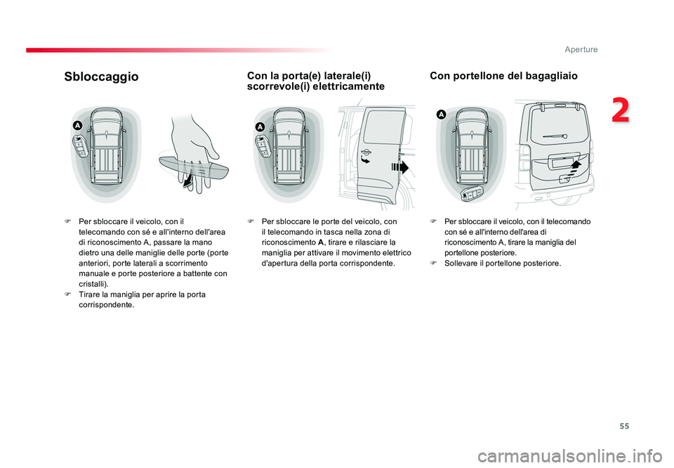 TOYOTA PROACE VERSO 2017  Manuale duso (in Italian) 55
2
Aperture
Spacetourer-VP_it_Chap02_ouvertures_ed01-2016
Sbloccaggio
F  Per sbloccare il veicolo, con il telecomando con sé e all'interno dell'area 
di riconoscimento A, passare la mano 
d