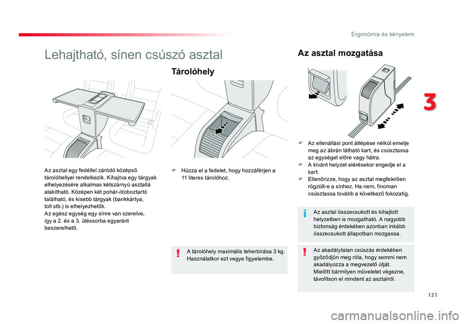 TOYOTA PROACE VERSO 2016 Kezelési útmutató (in Hungarian) 121
Spacetourer-VP_hu_Chap03_ergonomie-et-confort_ed01-2016
Lehajtható, sínen csúszó asztal
Tárolóhely
Az akadálytalan csúszás érdekében győződjön meg róla, hogy semmi nem akadályozza TOYOTA PROACE VERSO 2016 Kezelési útmutató (in Hungarian) 121
Spacetourer-VP_hu_Chap03_ergonomie-et-confort_ed01-2016
Lehajtható, sínen csúszó asztal
Tárolóhely
Az akadálytalan csúszás érdekében győződjön meg róla, hogy semmi nem akadályozza