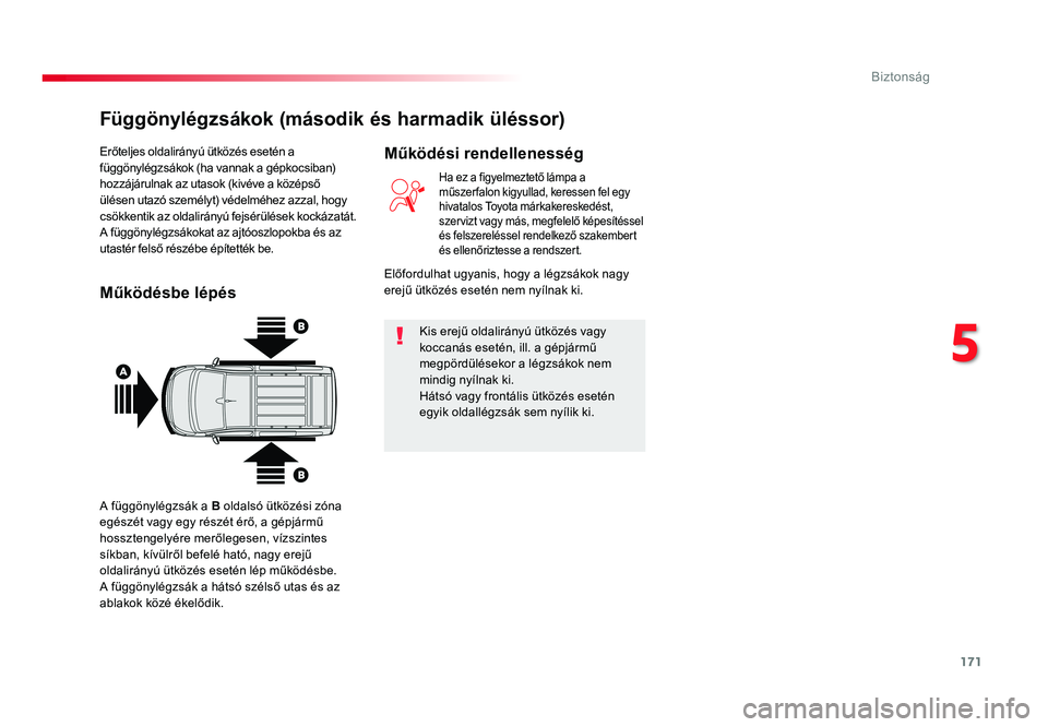 TOYOTA PROACE VERSO 2016  Kezelési útmutató (in Hungarian) 171
Spacetourer-VP_hu_Chap05_securite_ed01-2016
Erőteljes oldalirányú ütközés esetén a függönylégzsákok (ha vannak a gépkocsiban) hozzájárulnak az utasok (kivéve a középső ülésen u