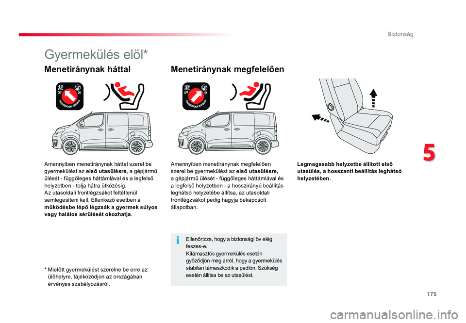 TOYOTA PROACE VERSO 2016  Kezelési útmutató (in Hungarian) 175
Spacetourer-VP_hu_Chap05_securite_ed01-2016
Legmagasabb helyzetbe állított első utasülés, a hosszanti beállítás leghátsó helyzetében.
Menetiránynak háttal
Gyermekülés elöl*
Menetir