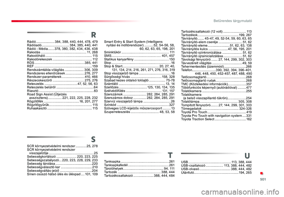 TOYOTA PROACE VERSO 2016 Kezelési útmutató (in Hungarian) 501
Spacetourer-VP_hu_Chap11_index-alpha_ed01-2016
Smart Entry & Start System (Intelligens nyitási és indítórendszer) ..........52, 54-56, 58, 60, 62, 63, 65, 198, 201Sminktükör ............... TOYOTA PROACE VERSO 2016 Kezelési útmutató (in Hungarian) 501
Spacetourer-VP_hu_Chap11_index-alpha_ed01-2016
Smart Entry & Start System (Intelligens nyitási és indítórendszer) ..........52, 54-56, 58, 60, 62, 63, 65, 198, 201Sminktükör ...............