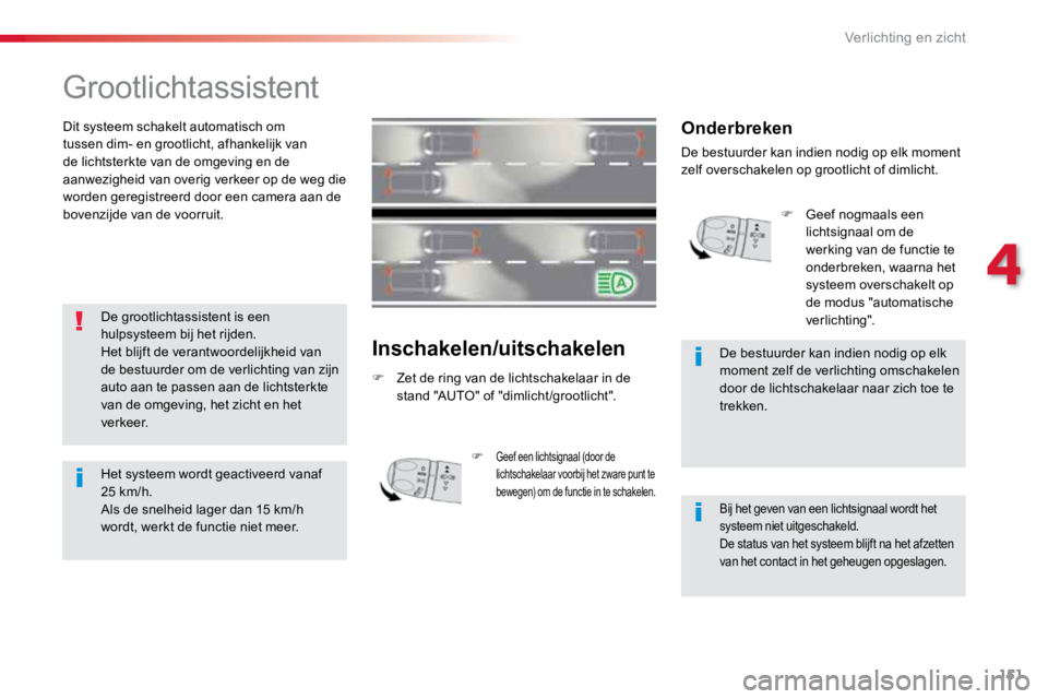 TOYOTA PROACE VERSO 2017  Instructieboekje (in Dutch) 151
ProaceVerso_nl_Chap04_eclairage-et-visibilite_ed01-2016
Grootlichtassistent
Dit systeem schakelt automatisch om 
tussen dim- en grootlicht, afhankelijk van 
de lichtsterkte van de omgeving en de 
