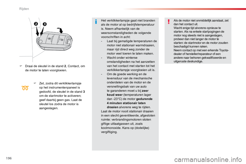 TOYOTA PROACE VERSO 2017  Instructieboekje (in Dutch) 196
ProaceVerso_nl_Chap06_conduite_ed01-2016
F Draai de sleutel in de stand 2 , Contact, om 
de motor te laten voorgloeien.
F Zet, zodra dit verklikkerlampje 
op het instrumentenpaneel is 
gedoofd, de