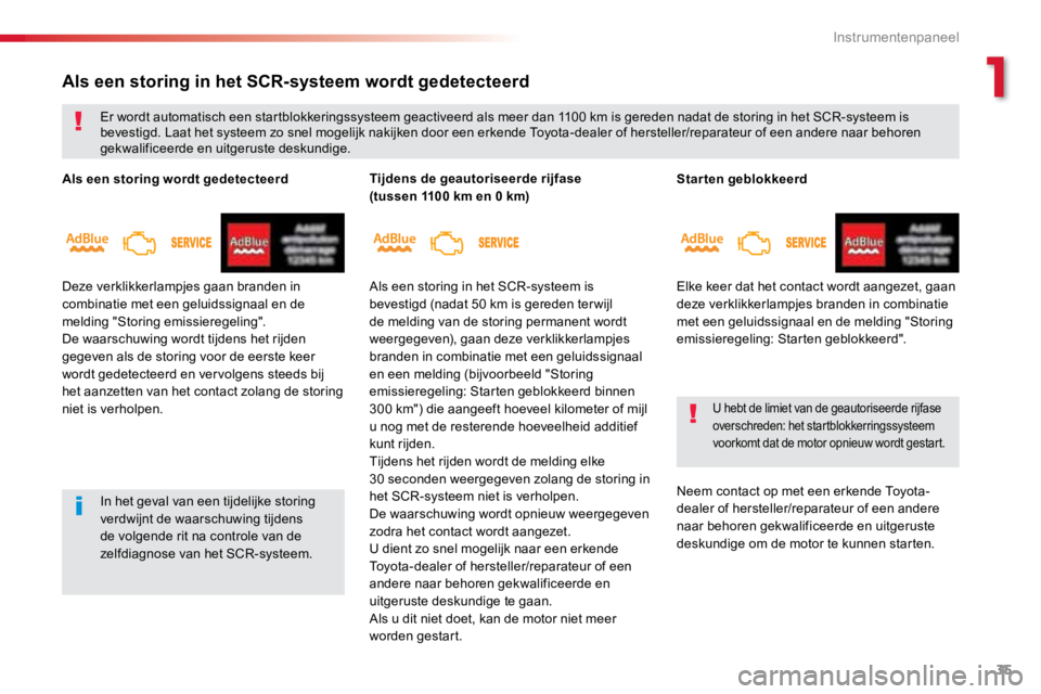 TOYOTA PROACE VERSO 2016 Instructieboekje (in Dutch) 35
ProaceVerso_nl_Chap01_instruments-de-bord_ed01-2016
Starten geblokkeerd
Elke keer dat het contact wordt aangezet, gaan
deze verklikkerlampjes branden in combinatie
met een geluidssignaal en de me TOYOTA PROACE VERSO 2016 Instructieboekje (in Dutch) 35
ProaceVerso_nl_Chap01_instruments-de-bord_ed01-2016
Starten geblokkeerd
Elke keer dat het contact wordt aangezet, gaan
deze verklikkerlampjes branden in combinatie
met een geluidssignaal en de me