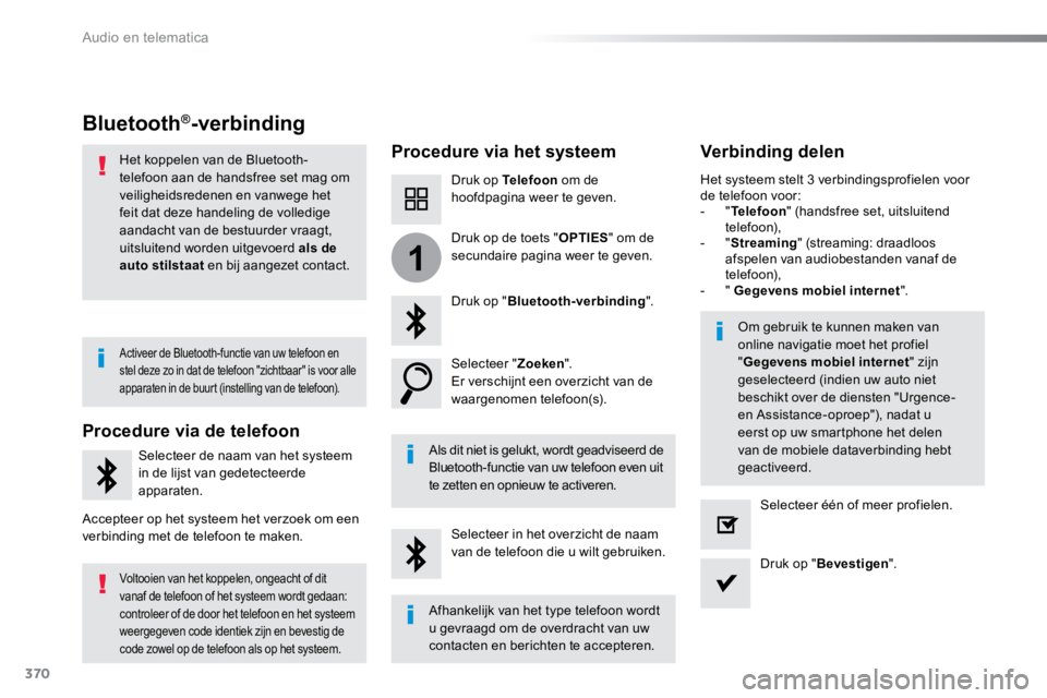 TOYOTA PROACE VERSO 2016  Instructieboekje (in Dutch) 370
1
ProaceVerso_nl_Chap10b_NAC-1_ed01-2016
Bluetooth®-verbinding
Procedure via het systeemVerbinding delen
Druk op Telefoon om de 
hoofdpagina weer te geven.
Druk op " Bluetooth-verbinding "