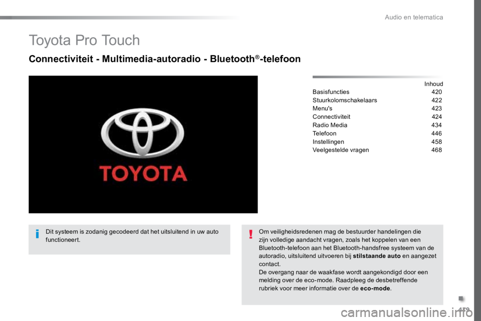 TOYOTA PROACE VERSO 2017  Instructieboekje (in Dutch) 419
ProaceVerso_nl_Chap10c_RCC-1_ed01-2016
To y o t a  P r o  To u c h
Connectiviteit - Multimedia-autoradio - Bluetooth®-telefoon
Inhoud
Basisfuncties  420
Stuurkolomschakelaars  422
Menu's  423