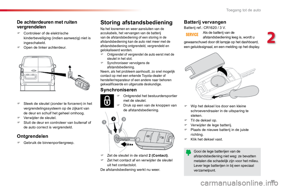 TOYOTA PROACE VERSO 2016 Instructieboekje (in Dutch) 51
ProaceVerso_nl_Chap02_ouvertures_ed01-2016
Batterij vervangen
Gooi de lege batterijen van de
afstandsbediening niet weg: ze bevatten
metalen die schadelijk zijn voor het milieu.
Lever lege batter TOYOTA PROACE VERSO 2016 Instructieboekje (in Dutch) 51
ProaceVerso_nl_Chap02_ouvertures_ed01-2016
Batterij vervangen
Gooi de lege batterijen van de
afstandsbediening niet weg: ze bevatten
metalen die schadelijk zijn voor het milieu.
Lever lege batter