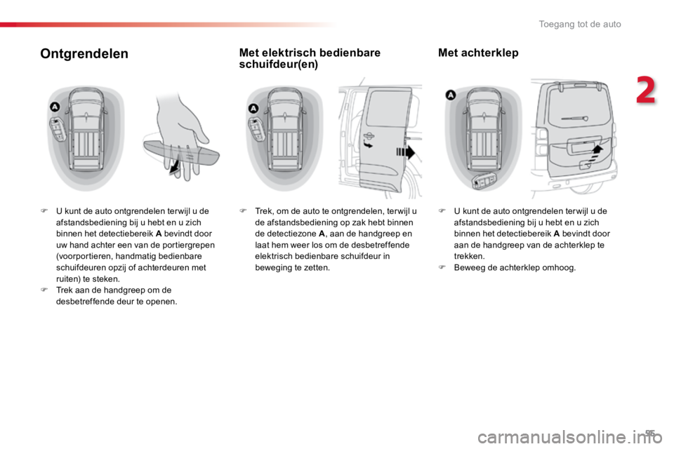 TOYOTA PROACE VERSO 2016 Instructieboekje (in Dutch) 55
ProaceVerso_nl_Chap02_ouvertures_ed01-2016
Ontgrendelen
F U kunt de auto ontgrendelen ter wijl u de
afstandsbediening bij u hebt en u zich
binnen het detectiebereik A bevindt door
uw hand achter TOYOTA PROACE VERSO 2016 Instructieboekje (in Dutch) 55
ProaceVerso_nl_Chap02_ouvertures_ed01-2016
Ontgrendelen
F U kunt de auto ontgrendelen ter wijl u de
afstandsbediening bij u hebt en u zich
binnen het detectiebereik A bevindt door
uw hand achter