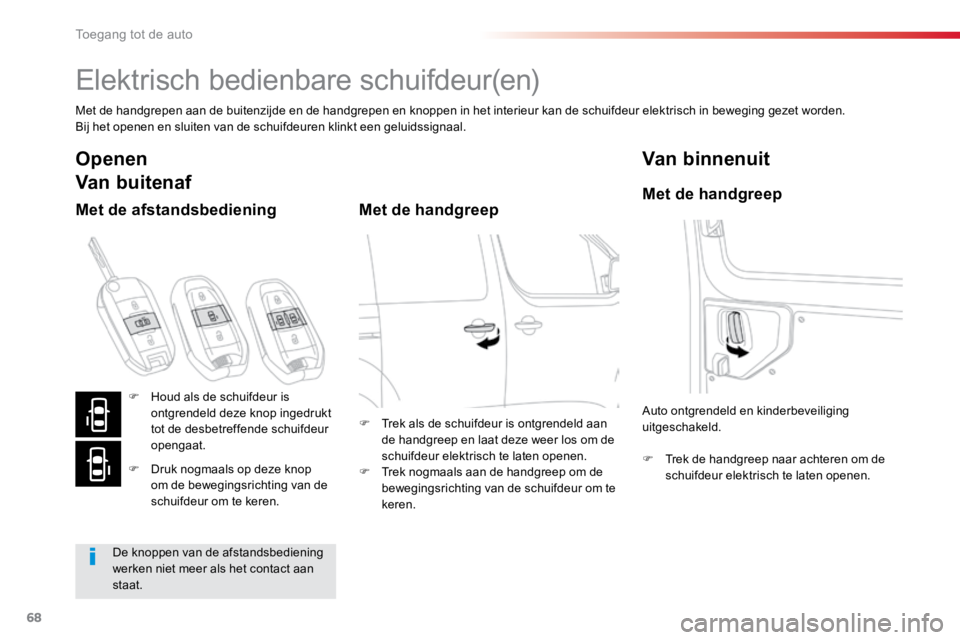 TOYOTA PROACE VERSO 2017 Instructieboekje (in Dutch) 68
ProaceVerso_nl_Chap02_ouvertures_ed01-2016
Elektrisch bedienbare schuifdeur(en)
Met de handgrepen aan de buitenzijde en de handgrepen en knoppen in het interieur kan de schuifdeur elektrisch in bew TOYOTA PROACE VERSO 2017 Instructieboekje (in Dutch) 68
ProaceVerso_nl_Chap02_ouvertures_ed01-2016
Elektrisch bedienbare schuifdeur(en)
Met de handgrepen aan de buitenzijde en de handgrepen en knoppen in het interieur kan de schuifdeur elektrisch in bew