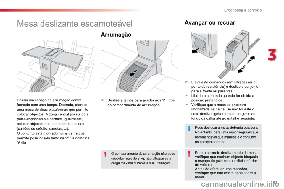 TOYOTA PROACE VERSO 2016 Manual de utilização (in Portuguese) 121
ProaceVerso_pt_Chap03_ergonomie-et-confort_ed01-2016
Mesa deslizante escamoteável
Arrumação
Para o correcto deslizamento da mesa,
verifique que nenhum objecto bloqueia
o espaço do guia na su TOYOTA PROACE VERSO 2016 Manual de utilização (in Portuguese) 121
ProaceVerso_pt_Chap03_ergonomie-et-confort_ed01-2016
Mesa deslizante escamoteável
Arrumação
Para o correcto deslizamento da mesa,
verifique que nenhum objecto bloqueia
o espaço do guia na su