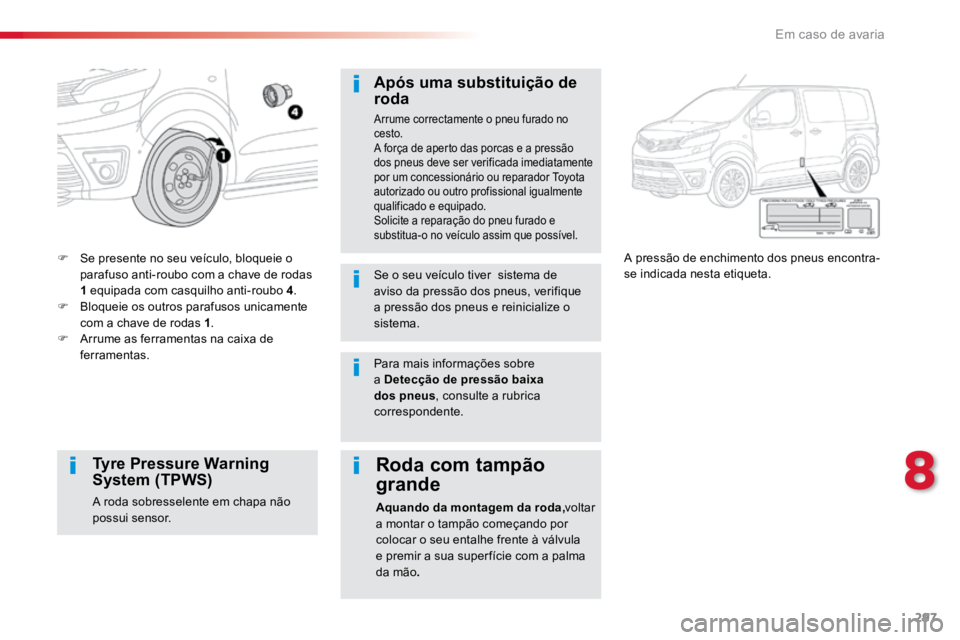 TOYOTA PROACE VERSO 2017  Manual de utilização (in Portuguese) 297
ProaceVerso_pt_Chap08_En-cas-de-panne_ed01-2016
F Se presente no seu veículo, bloqueie o 
parafuso anti-roubo com a chave de rodas 
1 equipada com casquilho anti-roubo 4 .
F  Bloqueie os outros p