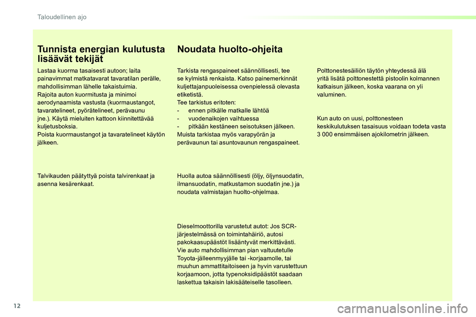 TOYOTA PROACE VERSO 2017 Omistajan Käsikirja (in Finnish) 12
ProaceVerso_fi_Chap00c_eco-conduite_ed01-2016
Tunnista energian kulutusta
lisäävät tekijät
Lastaa kuorma tasaisesti autoon; laita painavimmat matkatavarat tavaratilan perälle, mahdollisimman TOYOTA PROACE VERSO 2017 Omistajan Käsikirja (in Finnish) 12
ProaceVerso_fi_Chap00c_eco-conduite_ed01-2016
Tunnista energian kulutusta
lisäävät tekijät
Lastaa kuorma tasaisesti autoon; laita painavimmat matkatavarat tavaratilan perälle, mahdollisimman