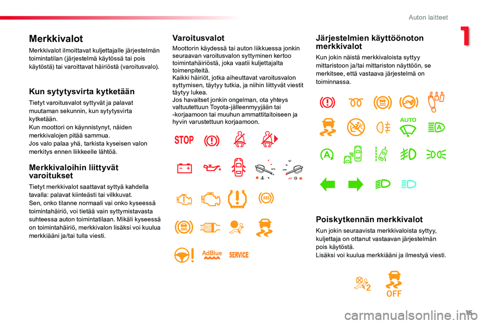 TOYOTA PROACE VERSO 2017 Omistajan Käsikirja (in Finnish) 15
ProaceVerso_fi_Chap01_instruments-de-bord_ed01-2016
Merkkivalot
Merkkivalot ilmoittavat kuljettajalle järjestelmän toimintatilan ( järjestelmä käytössä tai pois käytöstä) tai varoittavat TOYOTA PROACE VERSO 2017 Omistajan Käsikirja (in Finnish) 15
ProaceVerso_fi_Chap01_instruments-de-bord_ed01-2016
Merkkivalot
Merkkivalot ilmoittavat kuljettajalle järjestelmän toimintatilan ( järjestelmä käytössä tai pois käytöstä) tai varoittavat