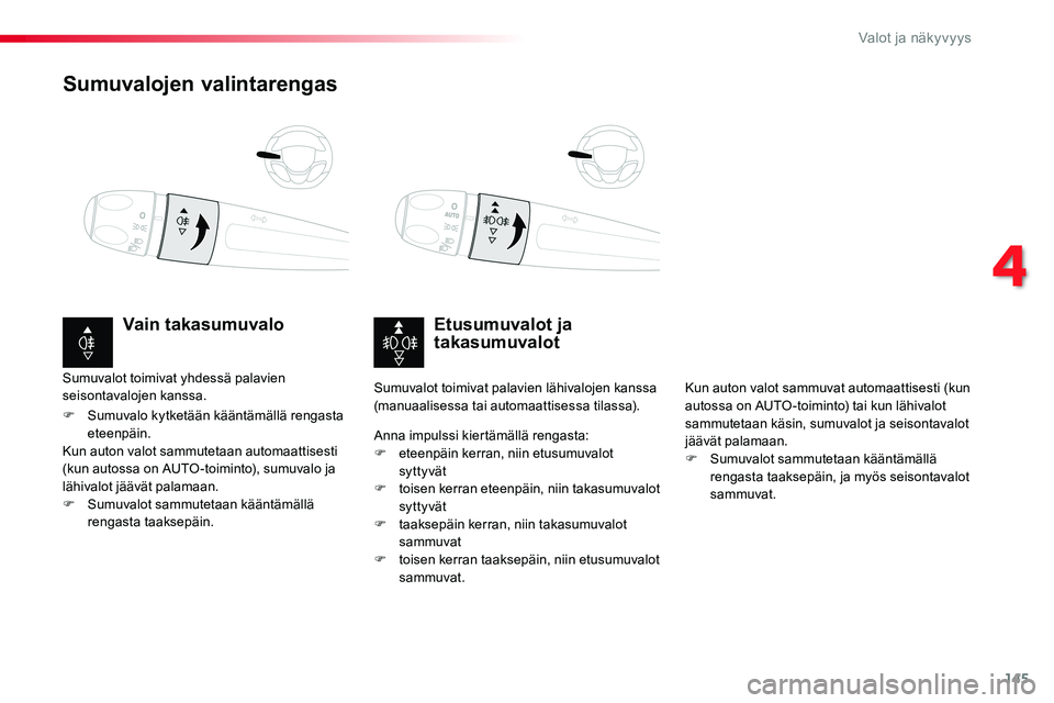 TOYOTA PROACE VERSO 2016 Omistajan Käsikirja (in Finnish) 145
ProaceVerso_fi_Chap04_eclairage-et-visibilite_ed01-2016
Sumuvalojen valintarengas
Etusumuvalot ja takasumuvalotVain takasumuvalo
F Sumuvalo kytketään kääntämällä rengasta eteenpäin.Kun aut TOYOTA PROACE VERSO 2016 Omistajan Käsikirja (in Finnish) 145
ProaceVerso_fi_Chap04_eclairage-et-visibilite_ed01-2016
Sumuvalojen valintarengas
Etusumuvalot ja takasumuvalotVain takasumuvalo
F Sumuvalo kytketään kääntämällä rengasta eteenpäin.Kun aut