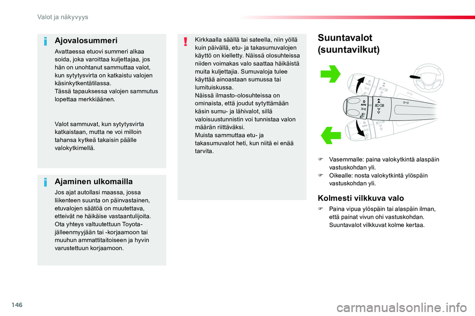 TOYOTA PROACE VERSO 2016 Omistajan Käsikirja (in Finnish) 146
ProaceVerso_fi_Chap04_eclairage-et-visibilite_ed01-2016
Suuntavalot
(suuntavilkut)
F Vasemmalle: paina valokytkintä alaspäin vastuskohdan yli.F Oikealle: nosta valokytkintä ylöspäin vastuskoh TOYOTA PROACE VERSO 2016 Omistajan Käsikirja (in Finnish) 146
ProaceVerso_fi_Chap04_eclairage-et-visibilite_ed01-2016
Suuntavalot
(suuntavilkut)
F Vasemmalle: paina valokytkintä alaspäin vastuskohdan yli.F Oikealle: nosta valokytkintä ylöspäin vastuskoh