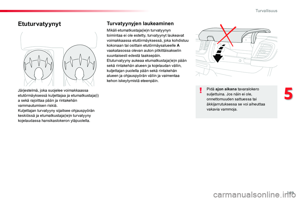 TOYOTA PROACE VERSO 2017 Omistajan Käsikirja (in Finnish) 169
ProaceVerso_fi_Chap05_securite_ed01-2016
EtuturvatyynytTurvatyynyjen laukeaminen
Mikäli etumatkustaja(ie)n turvatyynyn toimintaa ei ole estetty, turvatyynyt laukeavat voimakkaassa etutörmäykses TOYOTA PROACE VERSO 2017 Omistajan Käsikirja (in Finnish) 169
ProaceVerso_fi_Chap05_securite_ed01-2016
EtuturvatyynytTurvatyynyjen laukeaminen
Mikäli etumatkustaja(ie)n turvatyynyn toimintaa ei ole estetty, turvatyynyt laukeavat voimakkaassa etutörmäykses