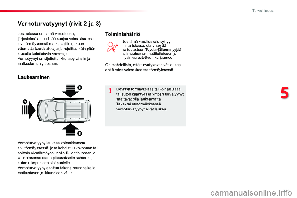 TOYOTA PROACE VERSO 2017  Omistajan Käsikirja (in Finnish) 171
ProaceVerso_fi_Chap05_securite_ed01-2016
Jos autossa on nämä varusteena, järjestelmä antaa lisää suojaa voimakkaassa sivutörmäyksessä matkustajille (lukuun ottamatta keskipaikkoja) ja raj