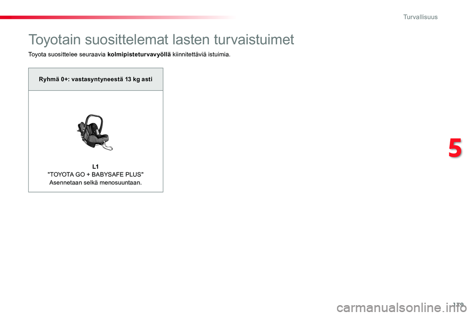 TOYOTA PROACE VERSO 2017  Omistajan Käsikirja (in Finnish) 179
ProaceVerso_fi_Chap05_securite_ed01-2016
Toyotain suosittelemat lasten turvaistuimet
Toyota suosittelee seuraavia kolmipisteturvavyöllä kiinnitettäviä istuimia.
Ryhmä 0+: vastasyntyneestä 13