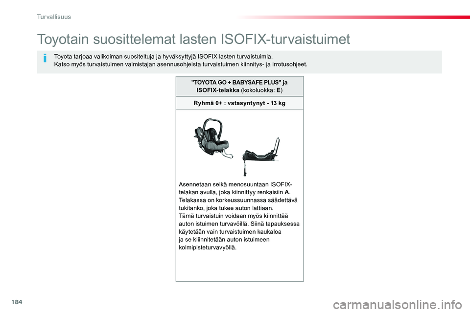 TOYOTA PROACE VERSO 2017  Omistajan Käsikirja (in Finnish) 184
ProaceVerso_fi_Chap05_securite_ed01-2016
Toyotain suosittelemat lasten ISOFIX-turvaistuimet
Toyota tarjoaa valikoiman suositeltuja ja hyväksyttyjä ISOFIX lasten turvaistuimia.Katso myös turvais