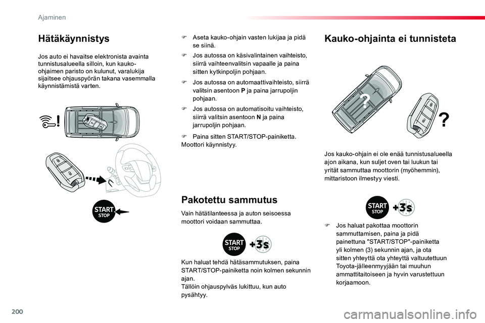 TOYOTA PROACE VERSO 2017 Omistajan Käsikirja (in Finnish) 200
ProaceVerso_fi_Chap06_conduite_ed01-2016
Hätäkäynnistys
Jos auto ei havaitse elektronista avainta tunnistusalueella silloin, kun kauko-ohjaimen paristo on kulunut, varalukija sijaitsee ohjauspy TOYOTA PROACE VERSO 2017 Omistajan Käsikirja (in Finnish) 200
ProaceVerso_fi_Chap06_conduite_ed01-2016
Hätäkäynnistys
Jos auto ei havaitse elektronista avainta tunnistusalueella silloin, kun kauko-ohjaimen paristo on kulunut, varalukija sijaitsee ohjauspy