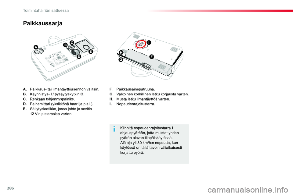 TOYOTA PROACE VERSO 2016 Omistajan Käsikirja (in Finnish) 286
ProaceVerso_fi_Chap08_En-cas-de-panne_ed01-2016
A. Paikkaus- tai ilmantäyttöasennon valitsin.B. Käynnistys- I / pysäytyskytkin O.C. Renkaan tyhjennyspainike.D. Painemittari (yksikkönä baar TOYOTA PROACE VERSO 2016 Omistajan Käsikirja (in Finnish) 286
ProaceVerso_fi_Chap08_En-cas-de-panne_ed01-2016
A. Paikkaus- tai ilmantäyttöasennon valitsin.B. Käynnistys- I / pysäytyskytkin O.C. Renkaan tyhjennyspainike.D. Painemittari (yksikkönä baar