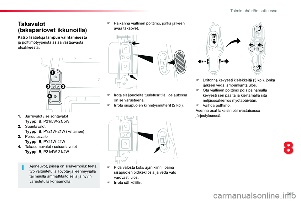 TOYOTA PROACE VERSO 2016  Omistajan Käsikirja (in Finnish) 305
ProaceVerso_fi_Chap08_En-cas-de-panne_ed01-2016
Takavalot  
(takapariovet ikkunoilla)
Katso lisätietoja lampun vaihtamisesta ja polttimotyypeistä asiaa vastaavasta otsakkeesta.
F Pidä valosta k