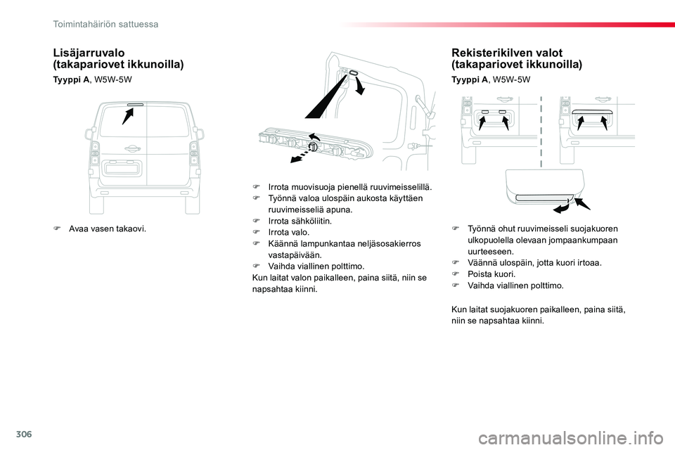 TOYOTA PROACE VERSO 2016  Omistajan Käsikirja (in Finnish) 306
ProaceVerso_fi_Chap08_En-cas-de-panne_ed01-2016
Rekisterikilven valot (takapariovet ikkunoilla)
Ty y p p i  A, W5W-5W
F Irrota muovisuoja pienellä ruuvimeisselillä.F Työnnä valoa ulospäin auk
