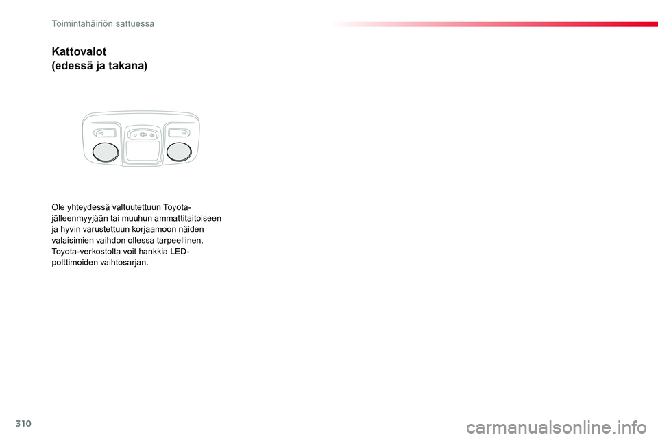 TOYOTA PROACE VERSO 2016  Omistajan Käsikirja (in Finnish) 310
ProaceVerso_fi_Chap08_En-cas-de-panne_ed01-2016
Kattovalot
(edessä ja takana)
Ole yhteydessä valtuutettuun Toyota-jälleenmyyjään tai muuhun ammattitaitoiseen ja hyvin varustettuun korjaamoon 