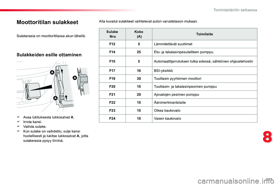 TOYOTA PROACE VERSO 2016  Omistajan Käsikirja (in Finnish) 315
ProaceVerso_fi_Chap08_En-cas-de-panne_ed01-2016
Moottoritilan sulakkeet
F Avaa lukituksesta lukkosalvat A.F Irrota kansi.F Vaihda sulake.F Kun sulake on vaihdettu, sulje kansi huolellisesti ja luk