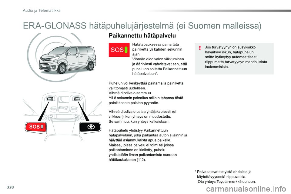 TOYOTA PROACE VERSO 2016 Omistajan Käsikirja (in Finnish) 328
ProaceVerso_fi_Chap10a_BTA_ed01-2016
ERA-GLONASS hätäpuhelujärjestelmä (ei Suomen malleissa)
Jos turvatyynyn ohjausyksikkö havaitsee iskun, hätäpuhelun soitto kytkeytyy automaattisesti riip TOYOTA PROACE VERSO 2016 Omistajan Käsikirja (in Finnish) 328
ProaceVerso_fi_Chap10a_BTA_ed01-2016
ERA-GLONASS hätäpuhelujärjestelmä (ei Suomen malleissa)
Jos turvatyynyn ohjausyksikkö havaitsee iskun, hätäpuhelun soitto kytkeytyy automaattisesti riip