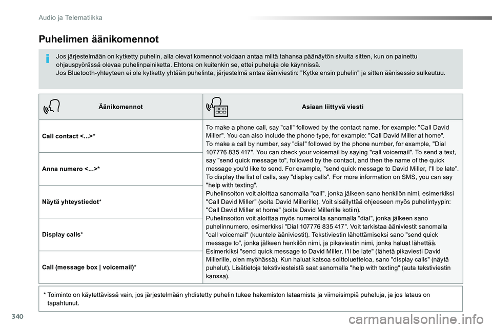 TOYOTA PROACE VERSO 2016 Omistajan Käsikirja (in Finnish) 340
ProaceVerso_fi_Chap10b_NAC-1_ed01-2016
ÄänikomennotAsiaan liittyvä viesti
Call contact <...>*
To make a phone call, say "call" followed by the contact name, for example: "Call David TOYOTA PROACE VERSO 2016 Omistajan Käsikirja (in Finnish) 340
ProaceVerso_fi_Chap10b_NAC-1_ed01-2016
ÄänikomennotAsiaan liittyvä viesti
Call contact <...>*
To make a phone call, say "call" followed by the contact name, for example: "Call David