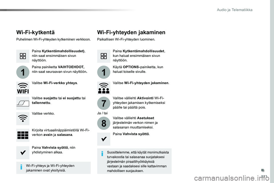 TOYOTA PROACE VERSO 2016  Omistajan Käsikirja (in Finnish) 371
11
7
8
ProaceVerso_fi_Chap10b_NAC-1_ed01-2016
Wi-Fi-kytkentäWi-Fi-yhteyden jakaminen
Suosittelemme, että käytät monimutkaista turvakoodia tai salasanaa suojataksesi järjestelmän piraattihyö