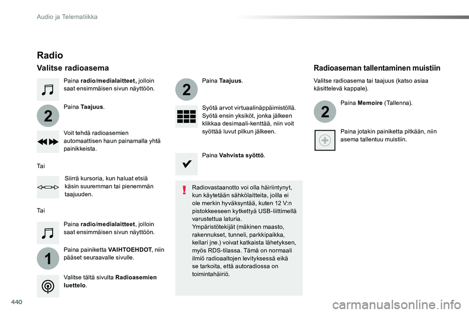 TOYOTA PROACE VERSO 2016  Omistajan Käsikirja (in Finnish) 440
1
2
2
2
ProaceVerso_fi_Chap10c_RCC-1_ed01-2016
Paina radio/medialaitteet, jolloin saat ensimmäisen sivun näyttöön.
Paina painiketta VAIHTOEHDOT, niin pääset seuraavalle sivulle.
Paina Taajuu