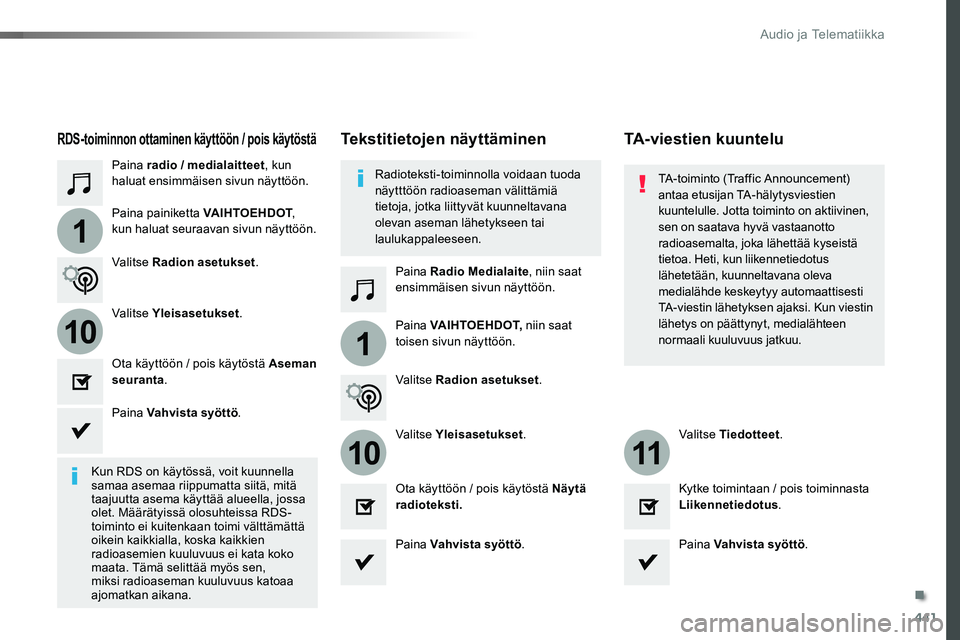 TOYOTA PROACE VERSO 2016  Omistajan Käsikirja (in Finnish) 441
1
110
1011
ProaceVerso_fi_Chap10c_RCC-1_ed01-2016
Paina radio / medialaitteet, kun haluat ensimmäisen sivun näyttöön.
Paina Radio Medialaite, niin saat ensimmäisen sivun näyttöön.
Paina pa
