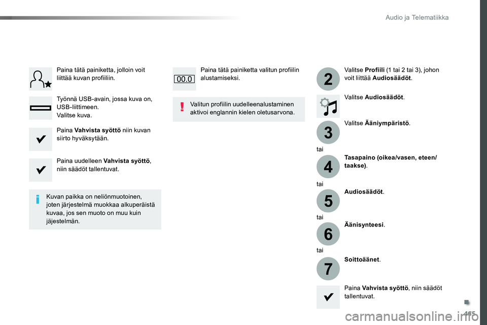 TOYOTA PROACE VERSO 2016  Omistajan Käsikirja (in Finnish) 465
3
2
4
5
6
7
ProaceVerso_fi_Chap10c_RCC-1_ed01-2016
Valitse Profiili (1 tai 2 tai 3), johon voit liittää Audiosäädöt.
Valitse Audiosäädöt.
Valitse Ääniympäristö.
tai
Tasapaino (oikea/va