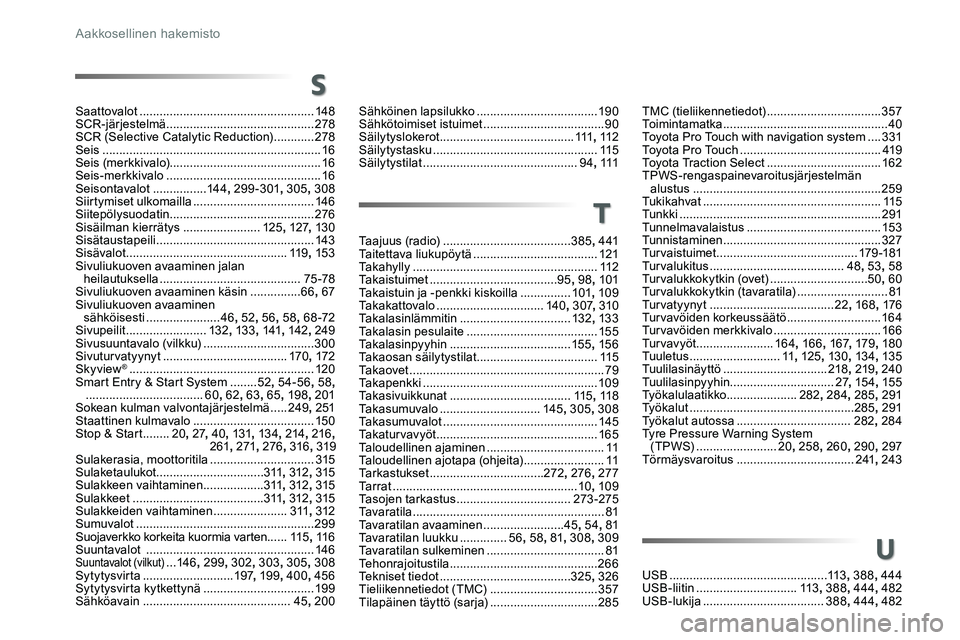 TOYOTA PROACE VERSO 2016  Omistajan Käsikirja (in Finnish) ProaceVerso_fi_Chap11_index-alpha_ed01-2016
Taajuus (radio) ......................................385, 4 41Taitettava liukupöytä .....................................121Takahylly ...................