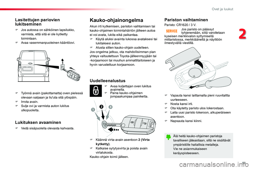 TOYOTA PROACE VERSO 2017 Omistajan Käsikirja (in Finnish) 51
ProaceVerso_fi_Chap02_ouvertures_ed01-2016
Pariston vaihtaminen
Älä heitä kauko-ohjaimen paristoja tavalliseen jäteastiaan, sillä ne sisältävät ympäristölle haitallisia metalleja.Vie ne a TOYOTA PROACE VERSO 2017 Omistajan Käsikirja (in Finnish) 51
ProaceVerso_fi_Chap02_ouvertures_ed01-2016
Pariston vaihtaminen
Älä heitä kauko-ohjaimen paristoja tavalliseen jäteastiaan, sillä ne sisältävät ympäristölle haitallisia metalleja.Vie ne a