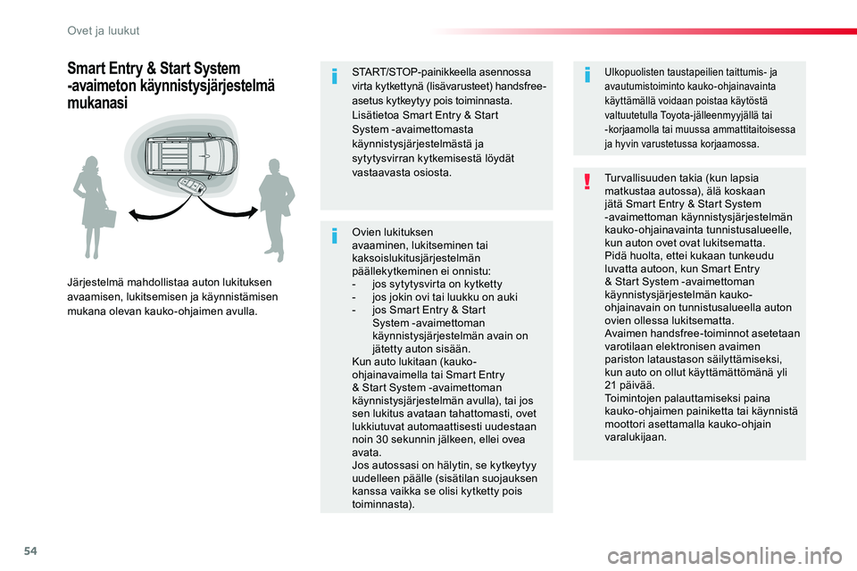 TOYOTA PROACE VERSO 2017 Omistajan Käsikirja (in Finnish) 54
ProaceVerso_fi_Chap02_ouvertures_ed01-2016
Ovien lukituksen avaaminen, lukitseminen tai kaksoislukitusjärjestelmän päällekytkeminen ei onnistu:- jos sytytysvirta on kytketty- jos jokin ovi tai TOYOTA PROACE VERSO 2017 Omistajan Käsikirja (in Finnish) 54
ProaceVerso_fi_Chap02_ouvertures_ed01-2016
Ovien lukituksen avaaminen, lukitseminen tai kaksoislukitusjärjestelmän päällekytkeminen ei onnistu:- jos sytytysvirta on kytketty- jos jokin ovi tai