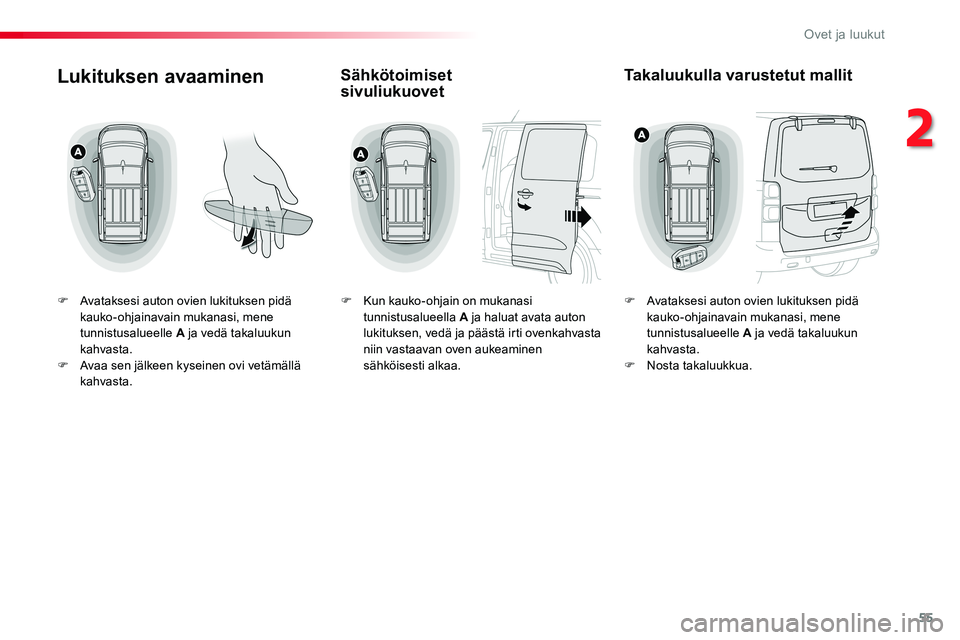 TOYOTA PROACE VERSO 2017 Omistajan Käsikirja (in Finnish) 55
ProaceVerso_fi_Chap02_ouvertures_ed01-2016
Lukituksen avaaminen
F Avataksesi auton ovien lukituksen pidä kauko-ohjainavain mukanasi, mene tunnistusalueelle A ja vedä takaluukun kahvasta.F Avaa se TOYOTA PROACE VERSO 2017 Omistajan Käsikirja (in Finnish) 55
ProaceVerso_fi_Chap02_ouvertures_ed01-2016
Lukituksen avaaminen
F Avataksesi auton ovien lukituksen pidä kauko-ohjainavain mukanasi, mene tunnistusalueelle A ja vedä takaluukun kahvasta.F Avaa se