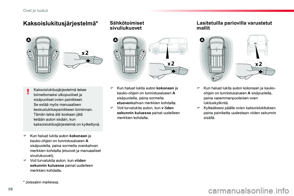 TOYOTA PROACE VERSO 2017 Omistajan Käsikirja (in Finnish) 58
ProaceVerso_fi_Chap02_ouvertures_ed01-2016
Kaksoislukitusjärjestelmä*
Kaksoislukitusjärjestelmä tekee toimettomaksi ulkopuoliset ja sisäpuoliset ovien painikkeet.Se estää myös manuaalisen k TOYOTA PROACE VERSO 2017 Omistajan Käsikirja (in Finnish) 58
ProaceVerso_fi_Chap02_ouvertures_ed01-2016
Kaksoislukitusjärjestelmä*
Kaksoislukitusjärjestelmä tekee toimettomaksi ulkopuoliset ja sisäpuoliset ovien painikkeet.Se estää myös manuaalisen k