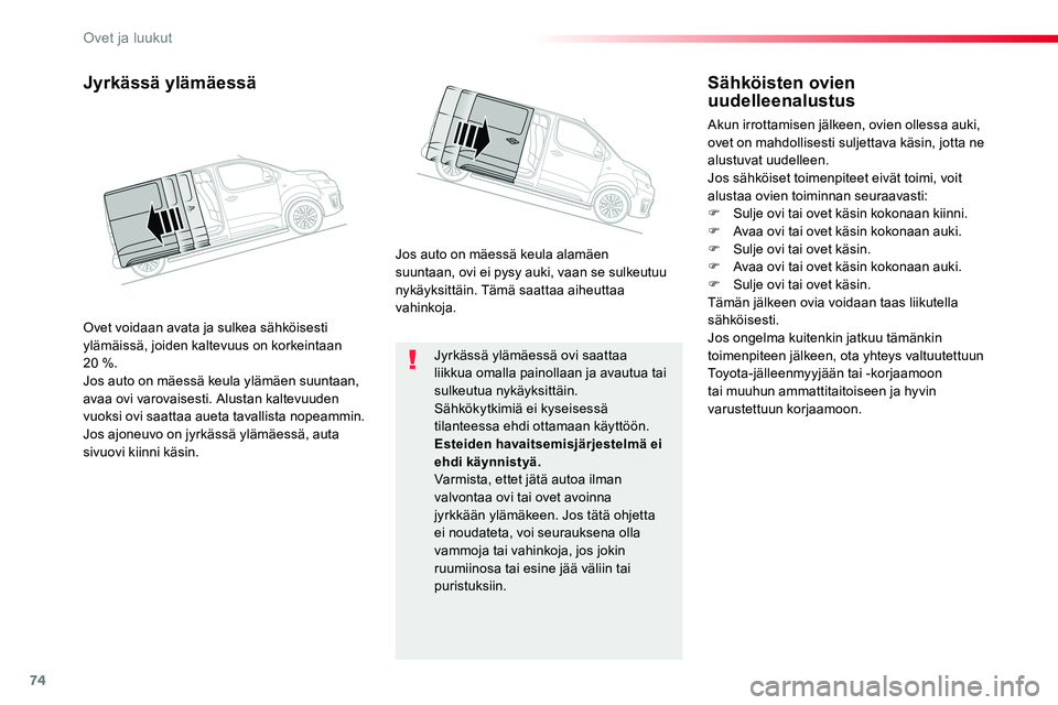 TOYOTA PROACE VERSO 2017 Omistajan Käsikirja (in Finnish) 74
ProaceVerso_fi_Chap02_ouvertures_ed01-2016
Jyrkässä ylämäessä ovi saattaa liikkua omalla painollaan ja avautua tai sulkeutua nykäyksittäin.Sähkökytkimiä ei kyseisessä tilanteessa ehdi ot TOYOTA PROACE VERSO 2017 Omistajan Käsikirja (in Finnish) 74
ProaceVerso_fi_Chap02_ouvertures_ed01-2016
Jyrkässä ylämäessä ovi saattaa liikkua omalla painollaan ja avautua tai sulkeutua nykäyksittäin.Sähkökytkimiä ei kyseisessä tilanteessa ehdi ot