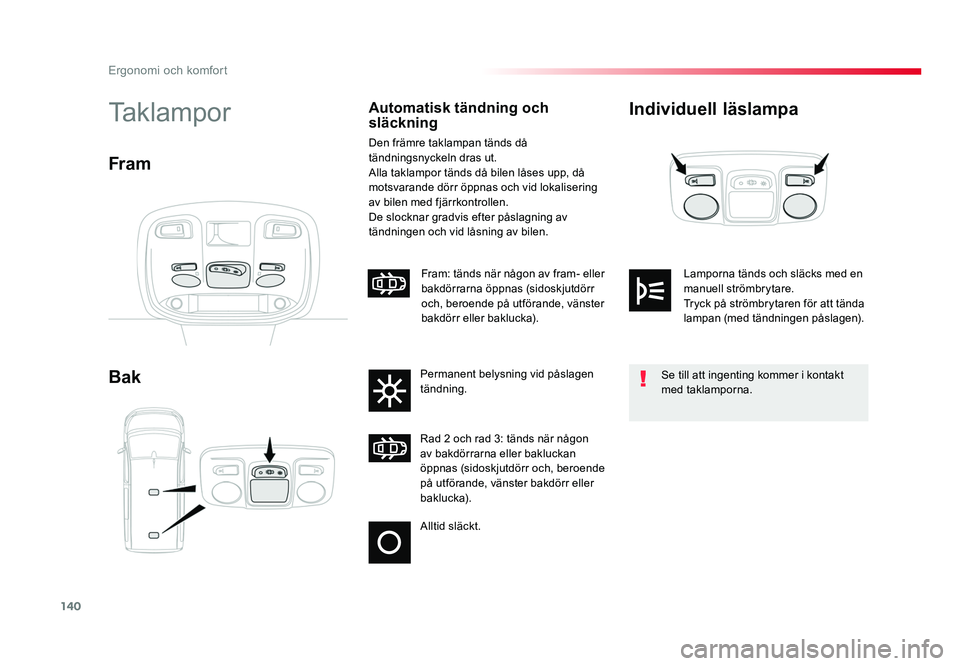 TOYOTA PROACE VERSO 2016 Bruksanvisningar (in Swedish) 140
Ergonomi och komfort
Spacetourer-VP_sv_Chap03_ergonomie-et-confort_ed01-2016
Individuell läslampa
BakTaklamporAutomatisk tändning och
släckning
Den främre taklampan tänds då
tändningsnyck TOYOTA PROACE VERSO 2016 Bruksanvisningar (in Swedish) 140
Ergonomi och komfort
Spacetourer-VP_sv_Chap03_ergonomie-et-confort_ed01-2016
Individuell läslampa
BakTaklamporAutomatisk tändning och
släckning
Den främre taklampan tänds då
tändningsnyck